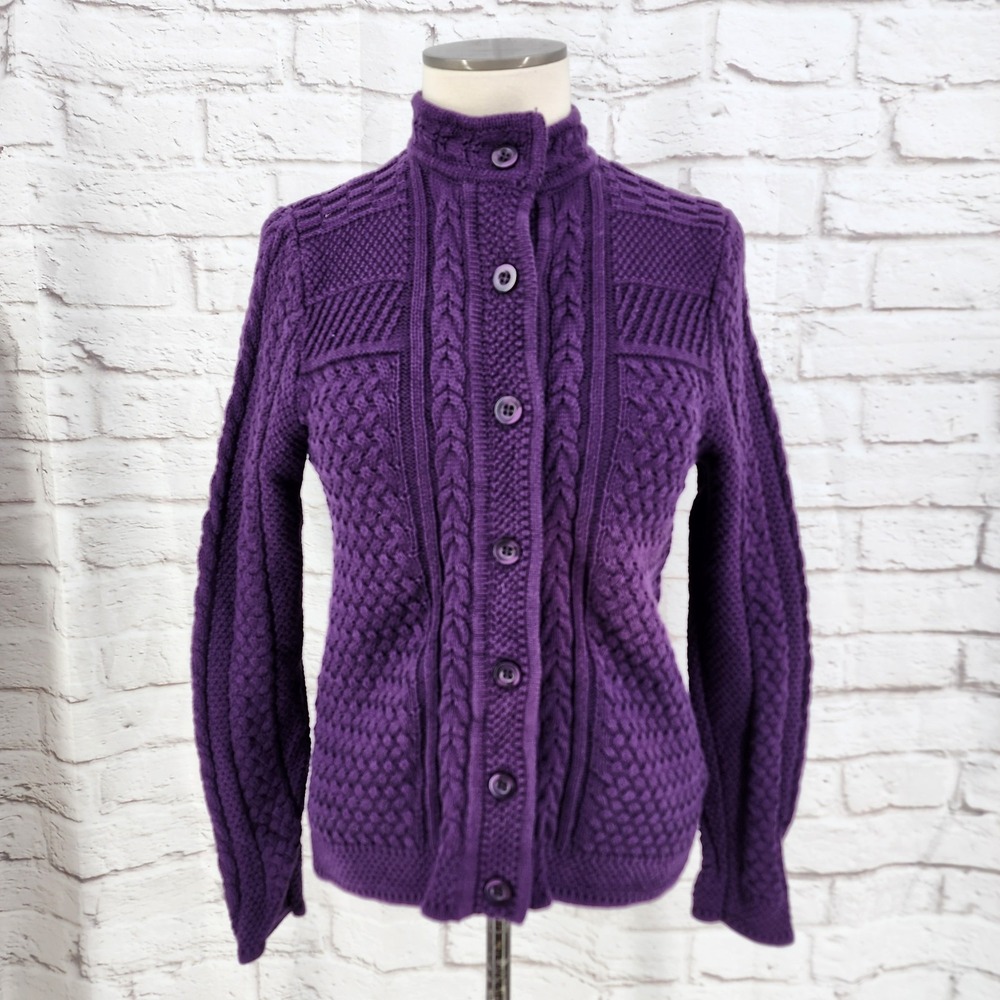 LL Bean Womens Cable Knit Sweater Cardigan Purple Outdoor Cottage Classic‎ Small